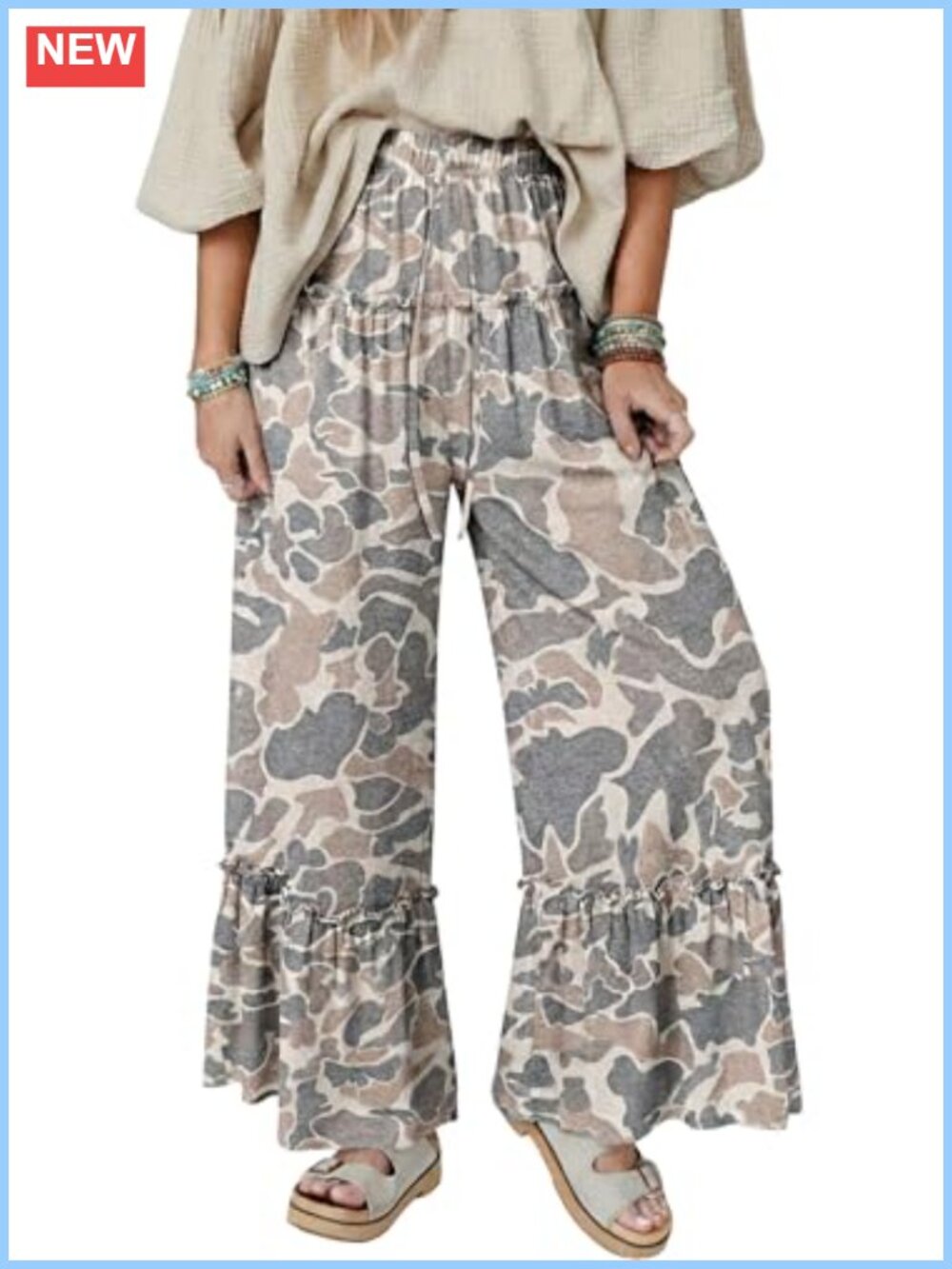 Womens Camo Print Wide Leg Pants Casual Drawstring Loose Flowy Trousers